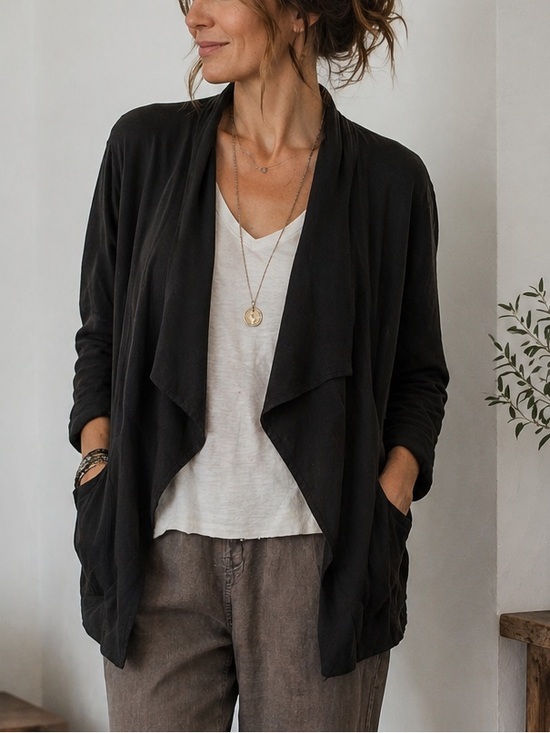 Caslon Sweaters - Caslon Open Cardigan M Black Cotton Linen Draped Lightweight Pockets Lagenlook